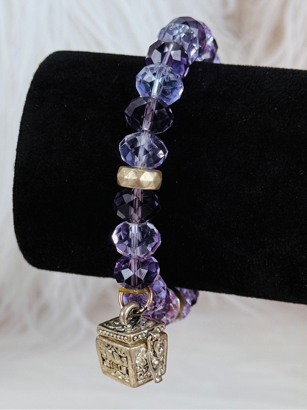 Purple Beaded Stretch Charm Bracelet with Silvertone Box Charm